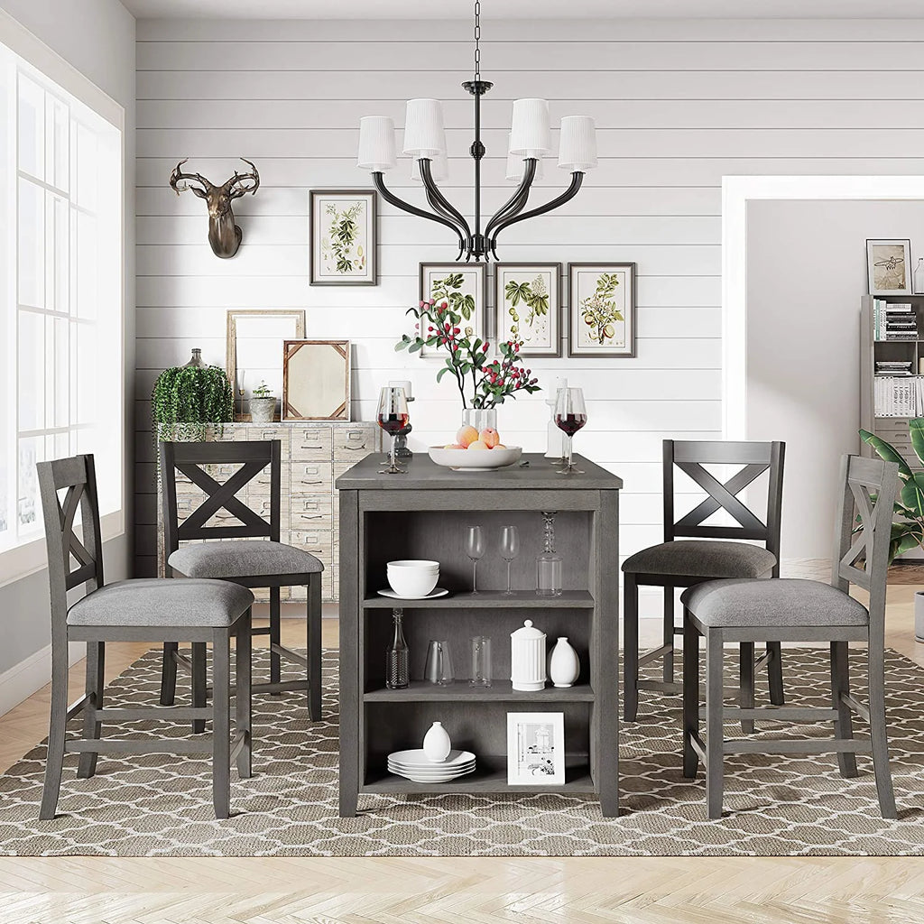 5 Piece Counter Height Wooden Dining Table Set with 4 Chairs N7054