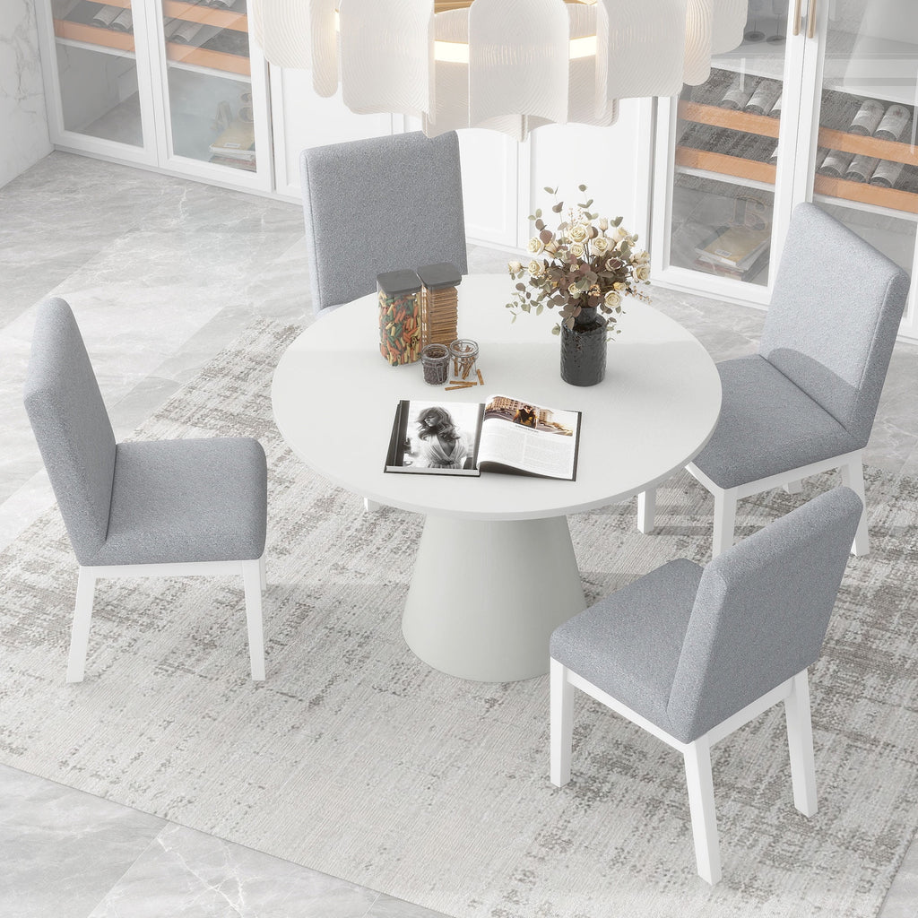 White 5 Piece Round Wood Dining Table Set with 4 Upholstered Chairs F754808