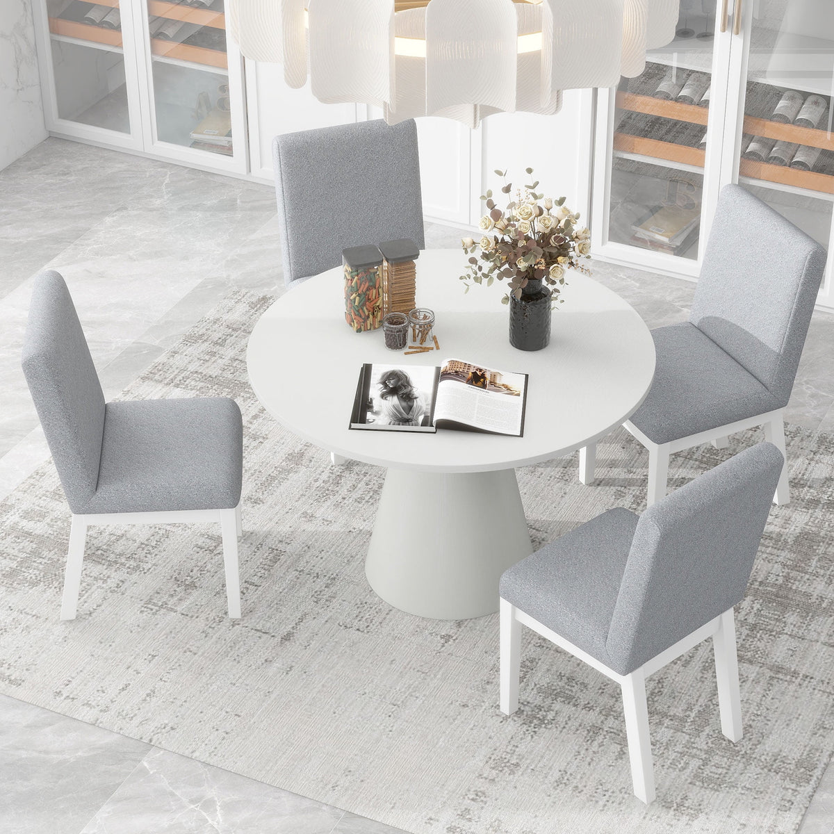 White 5 Piece Round Wood Dining Table Set with 4 Upholstered Chairs F754808