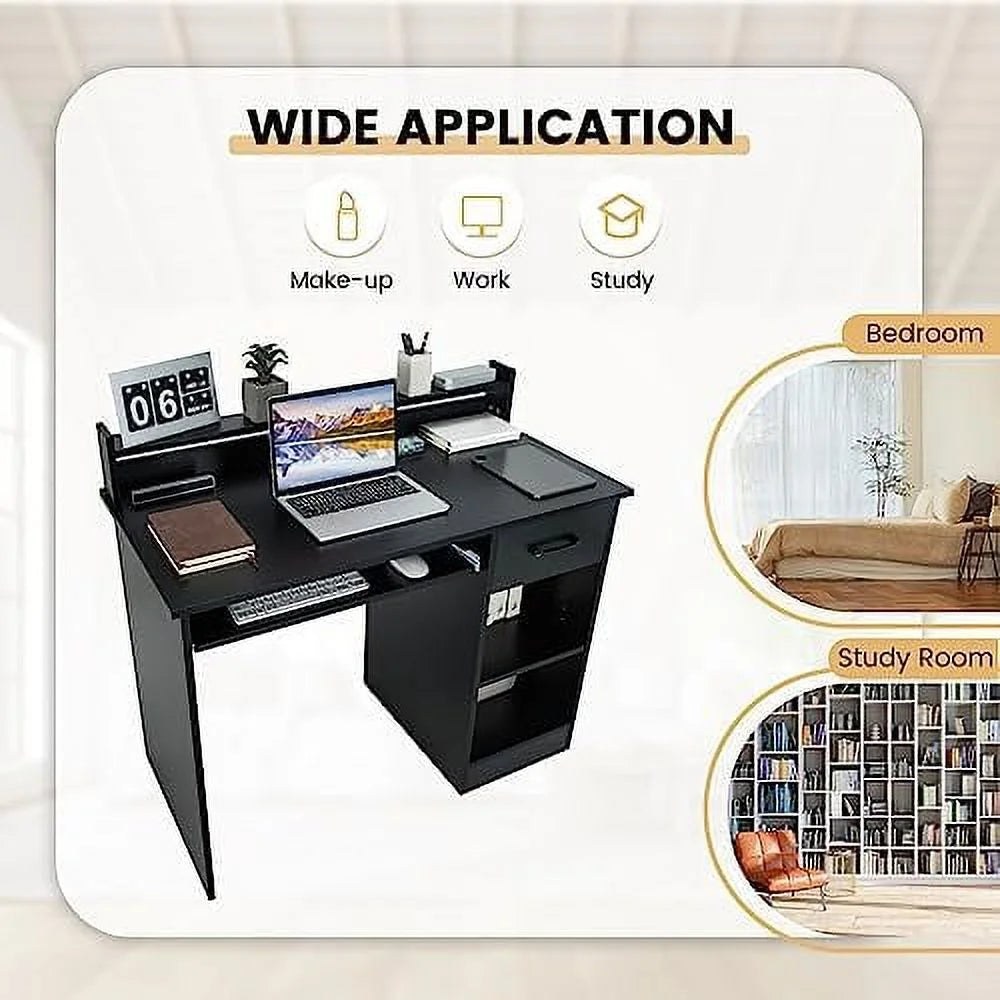 Black Computer Desk with Drawers and Shelves V570600