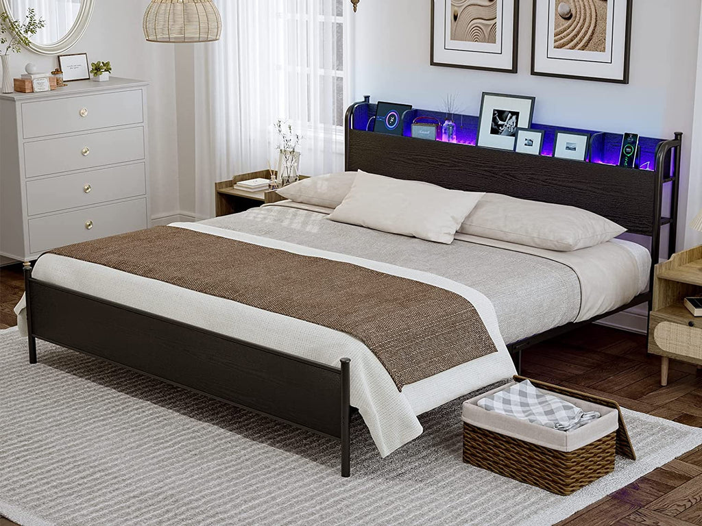 Black Twin XL LED Bed Frame with Storage Headboard and USB Ports G7662