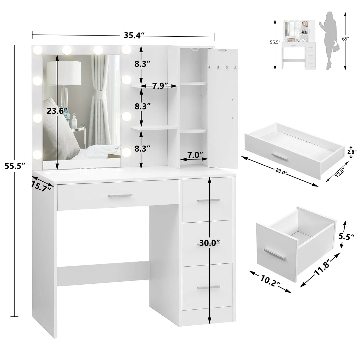 White Makeup Vanity with Lighted Mirror and 4 Drawers U457