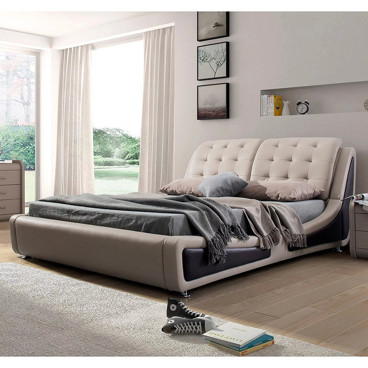 Beige Brown Queen Faux Leather Platform Bed O88472
