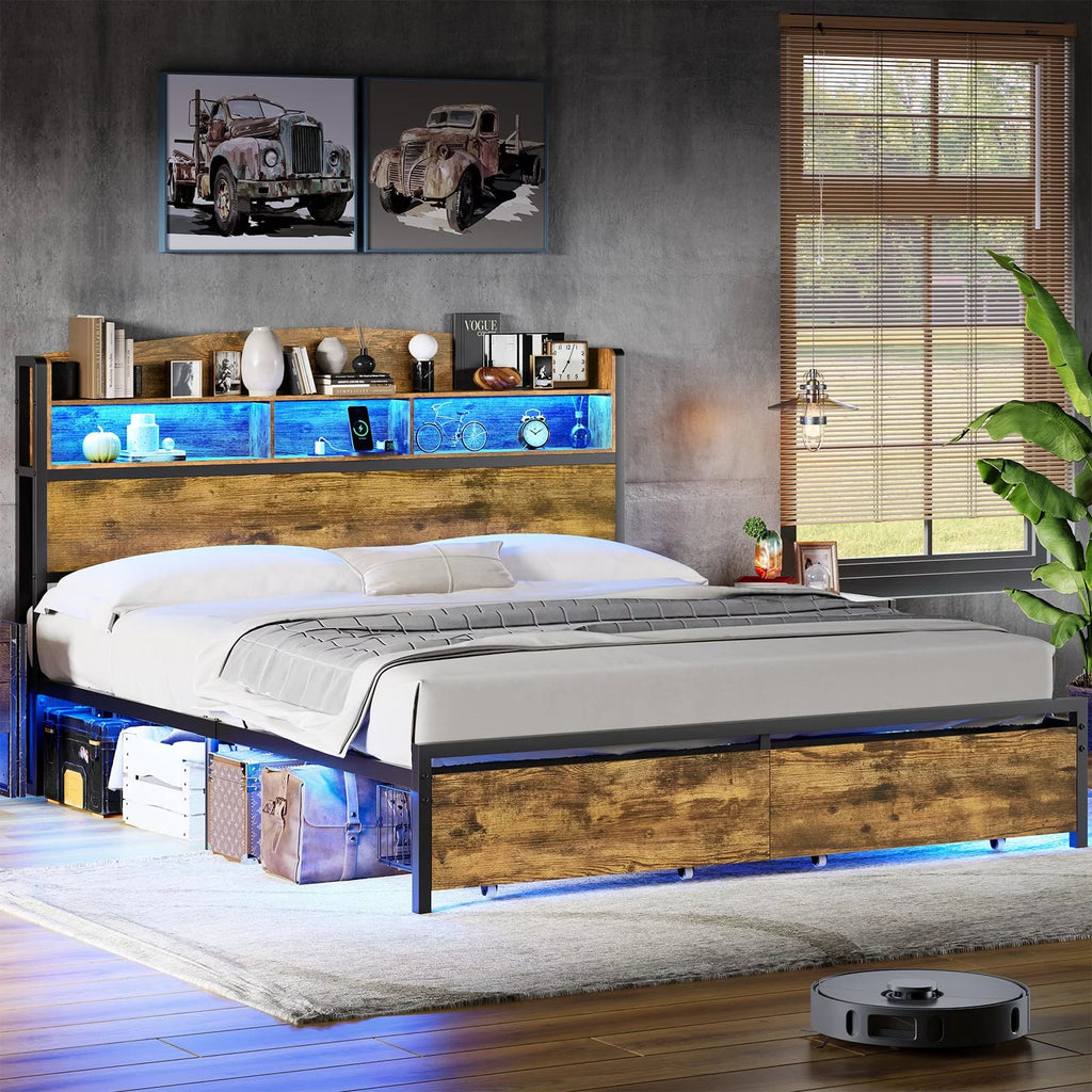 Queen Size Platform Bed with Storage Drawers and LED Headboard A58696