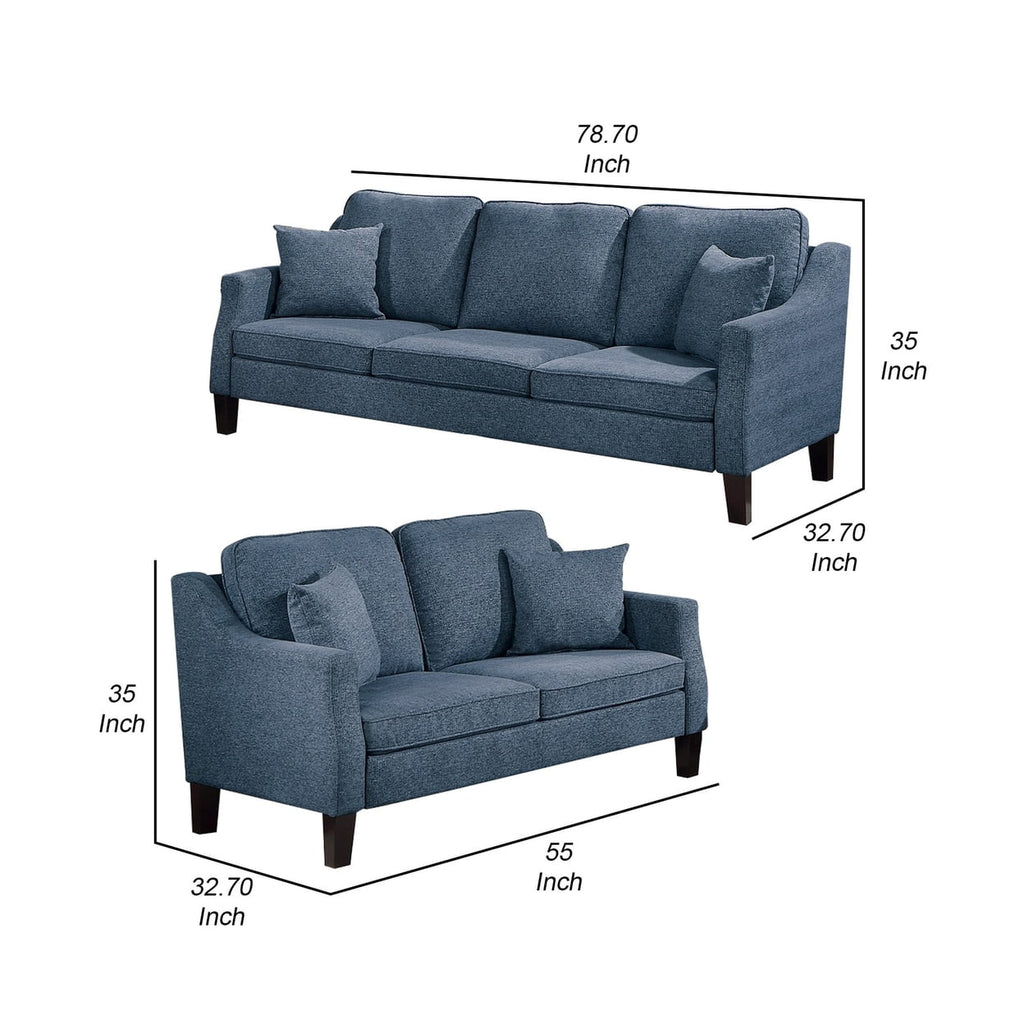 2 Piece Sofa and Loveseat Set with 4 Throw Pillows Navy Blue I756