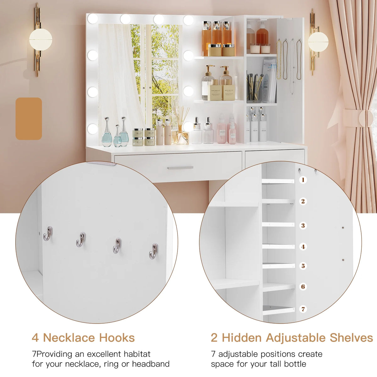 White Makeup Vanity with Lighted Mirror and 4 Drawers U457
