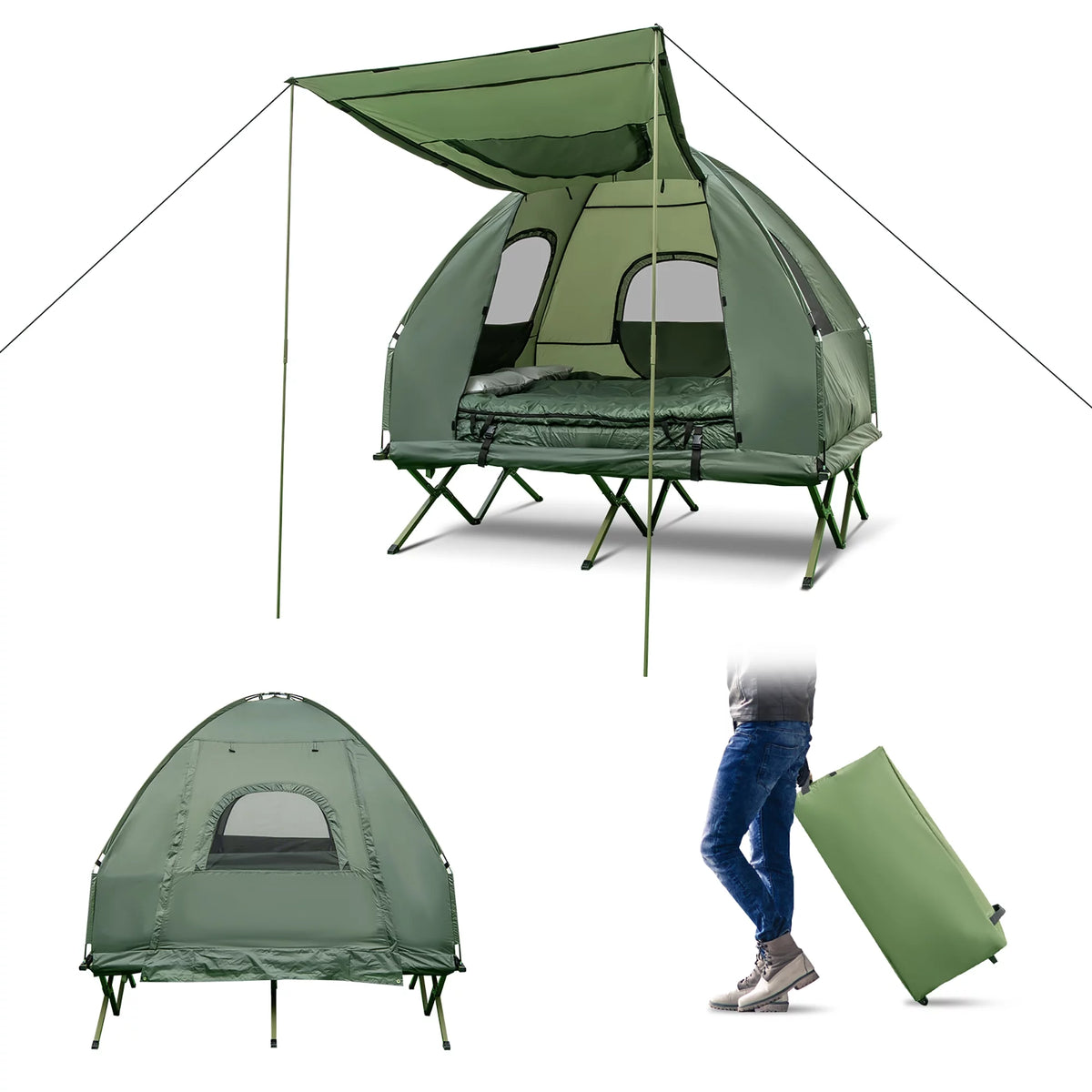 2-Person Pop-Up Tent Camping Cot with Air Mattress and Sleeping Bag H383