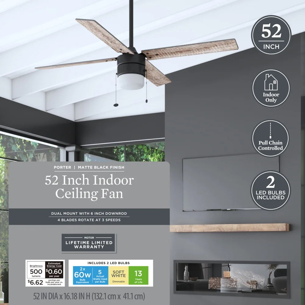 52" Matte Black Indoor Ceiling Fan with Light R539