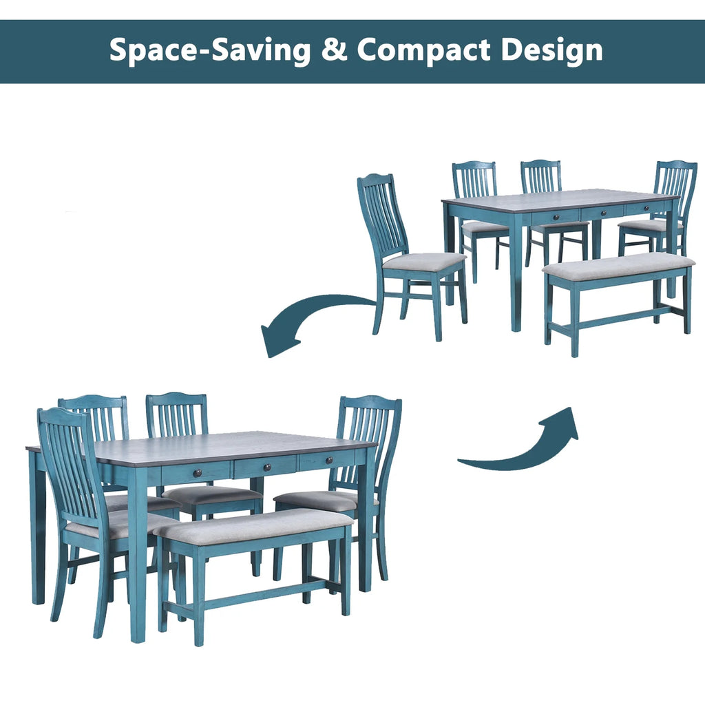 6 Piece Wood Dining Table Set with 4 Upholstered Chairs and Bench Q958