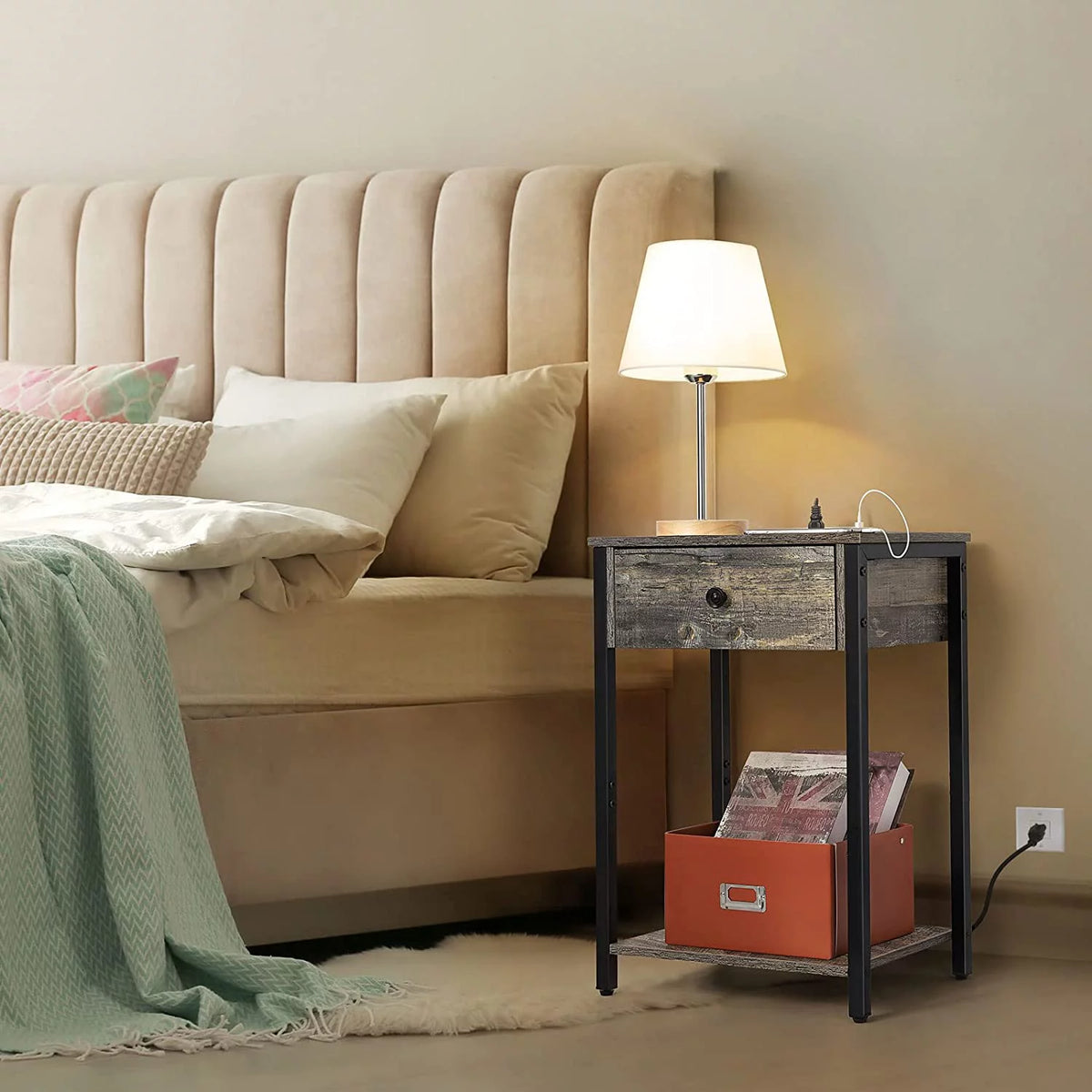 Gray Nightstand End Table with Charging Station and Drawer B4752