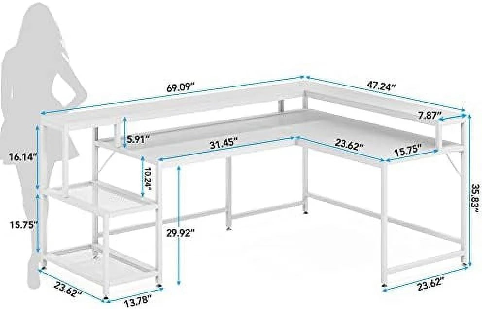 69 Inch L Shaped Desk with Monitor Stand Black L302