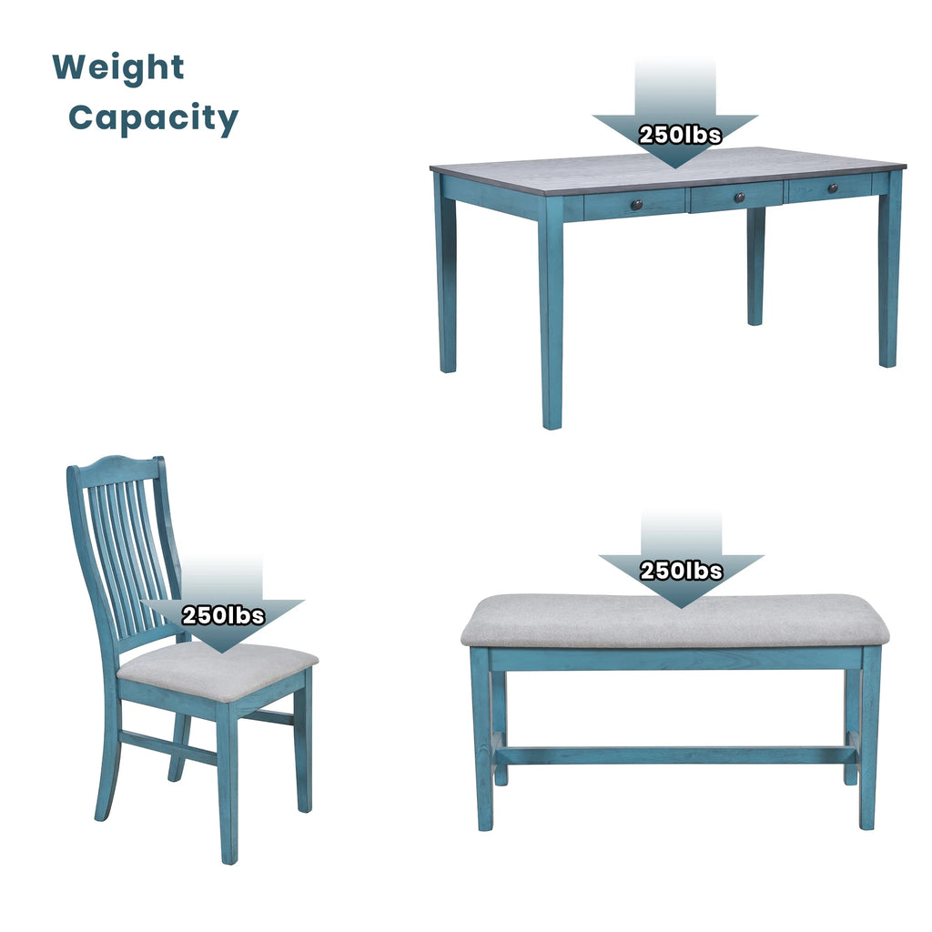6 Piece Wood Dining Table Set with 4 Upholstered Chairs and Bench Q958