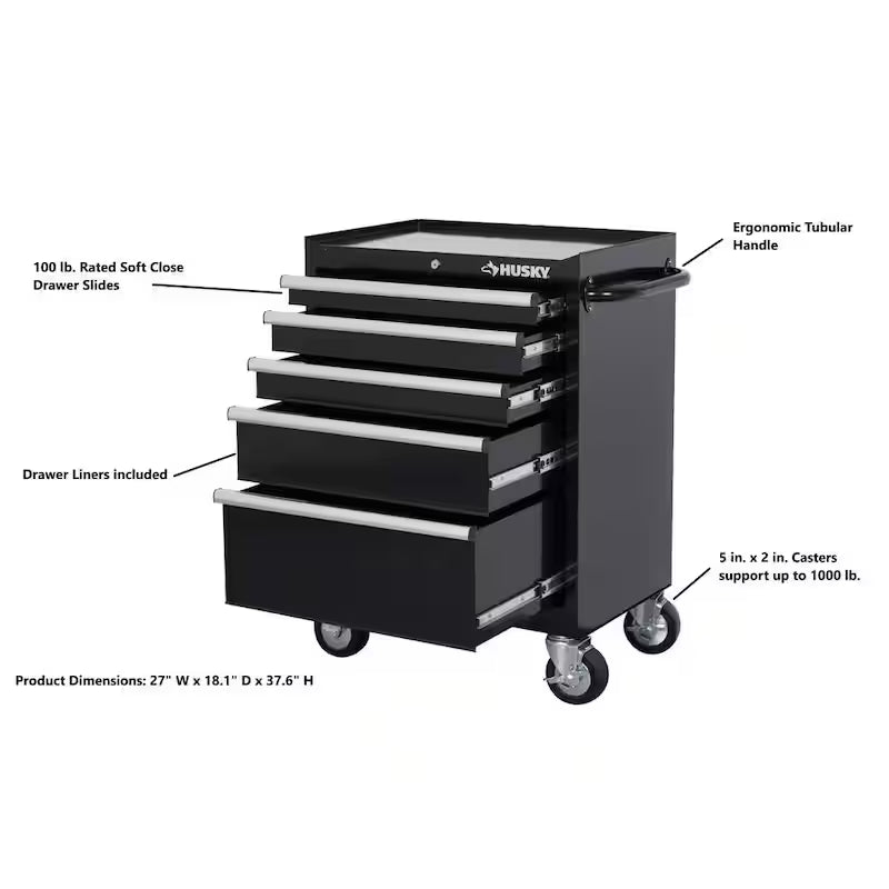 27 in. W 5-Drawer Gloss Black Rolling Tool Cabinet P602
