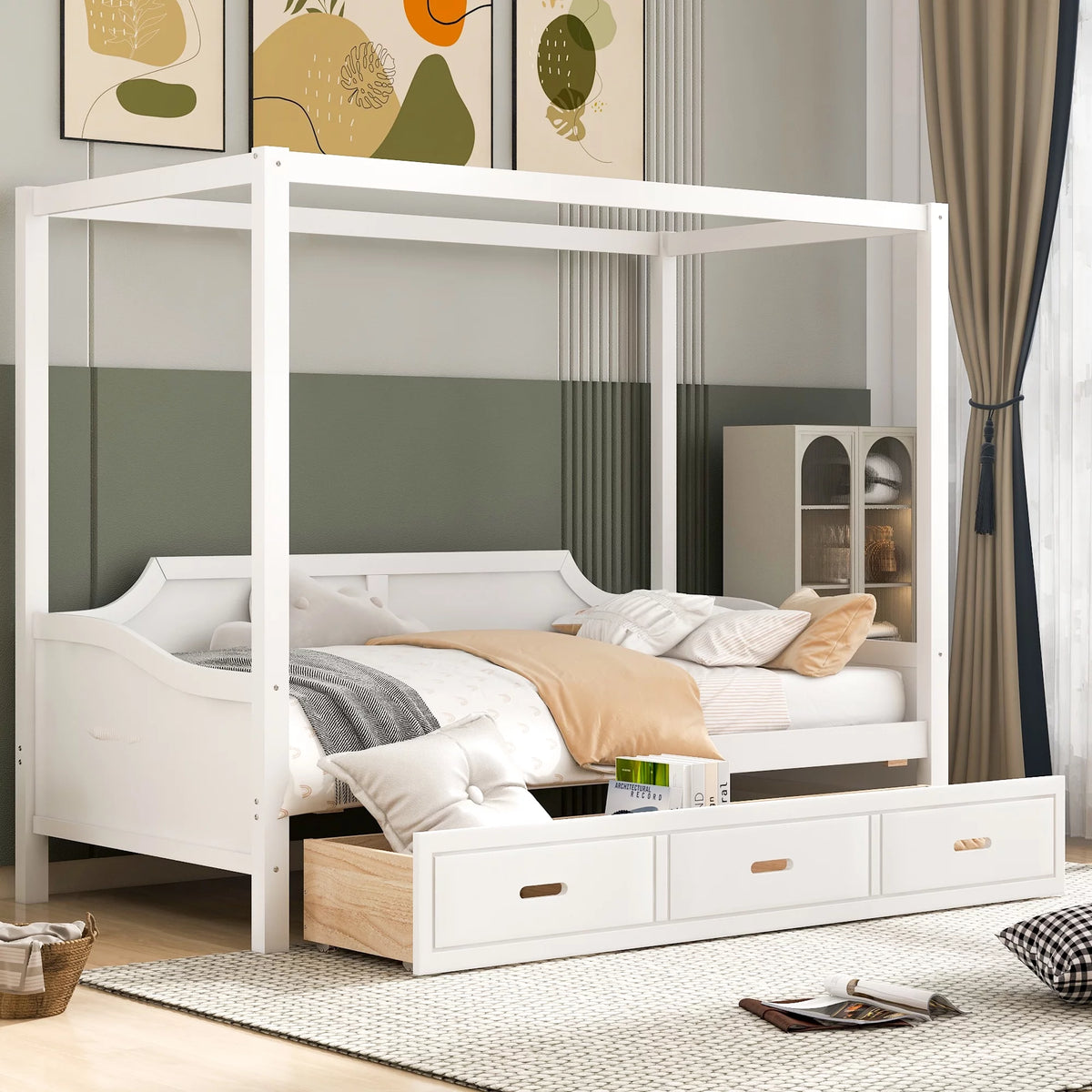 White Twin Size Wooden Canopy Bed with Drawers S61828