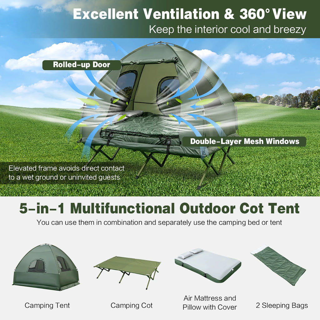 2-Person Pop-Up Tent Camping Cot with Air Mattress and Sleeping Bag H383