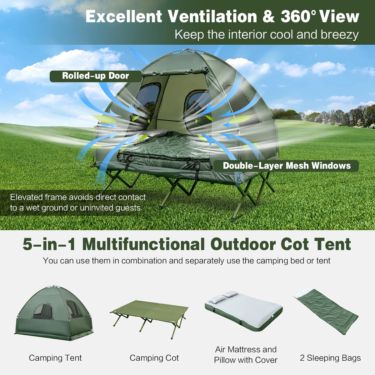 2-Person Pop-Up Tent Camping Cot with Air Mattress and Sleeping Bag H383