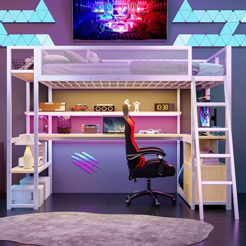 Full Size Black Metal Loft Bed with Desk and Stairs G7210