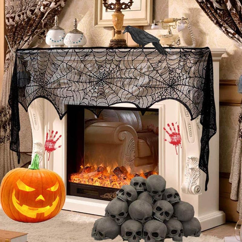 Black Skull Cobweb Fireplace Mantel Scarf D739351