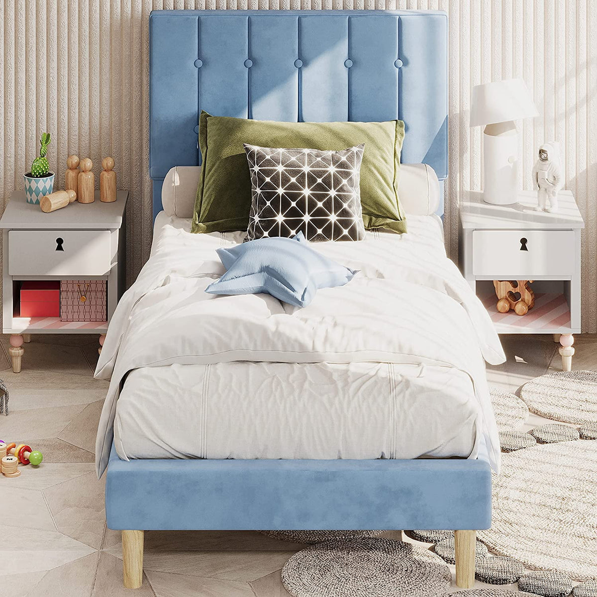 Twin Bed Frame with Upholstered Headboard, Grey T291741