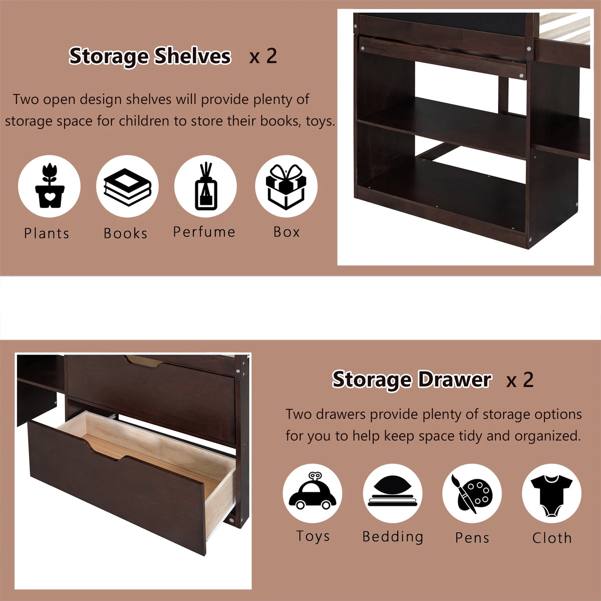 Twin Size Solid Wood Loft Bed with Drawers Shelves and Ladder X48943