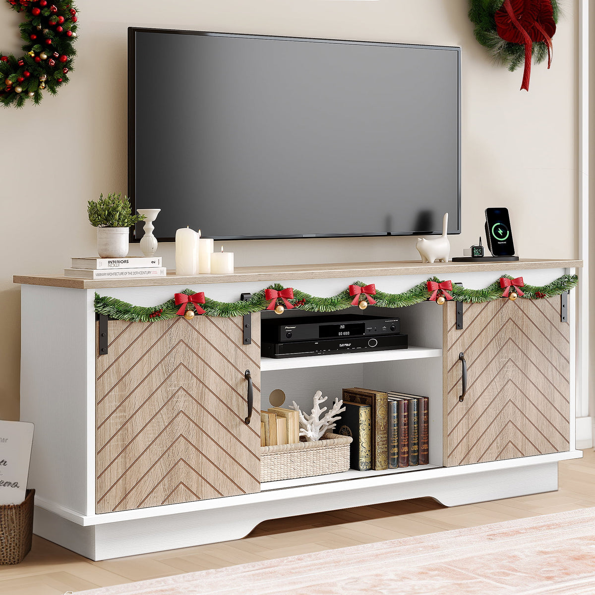 Oak Wood TV Stand with Outlets & USB Ports N441253