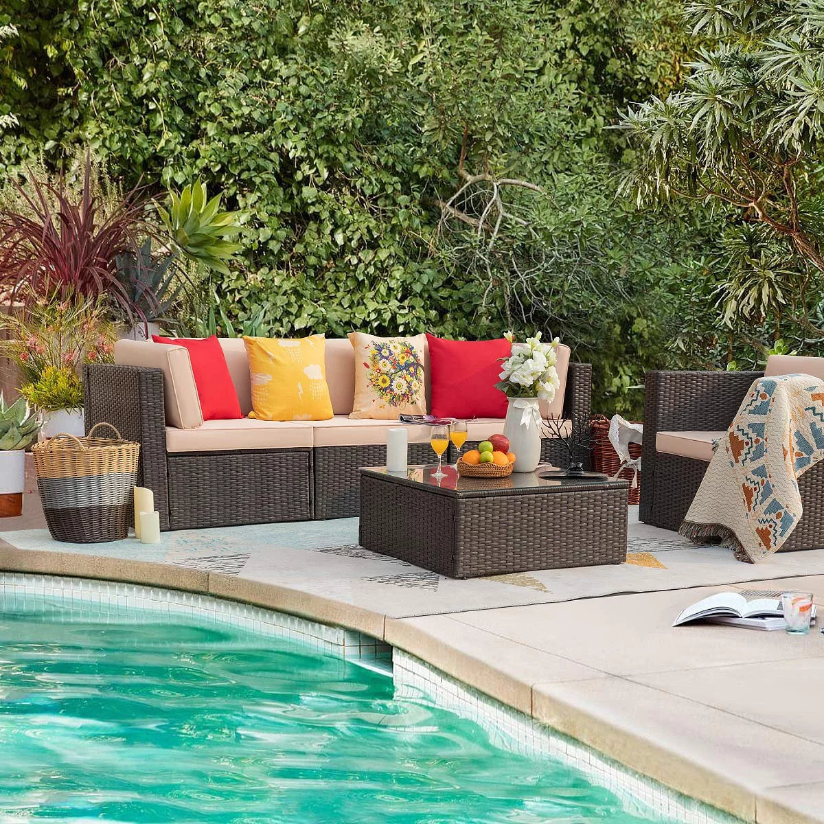 5 Pieces Patio Conversation Set Rattan Sectional Sofa with Glass Table T333463