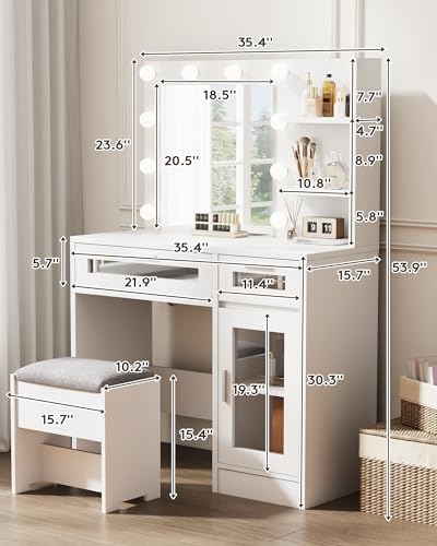 White Vanity Desk with Mirror and Lights C16179