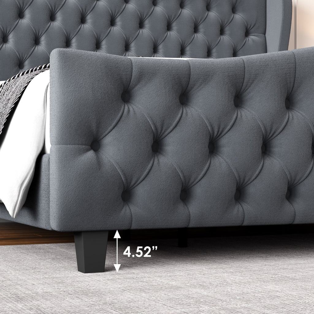 Queen Size Beige Velvet Tufted Upholstered Platform Bed Frame L260819