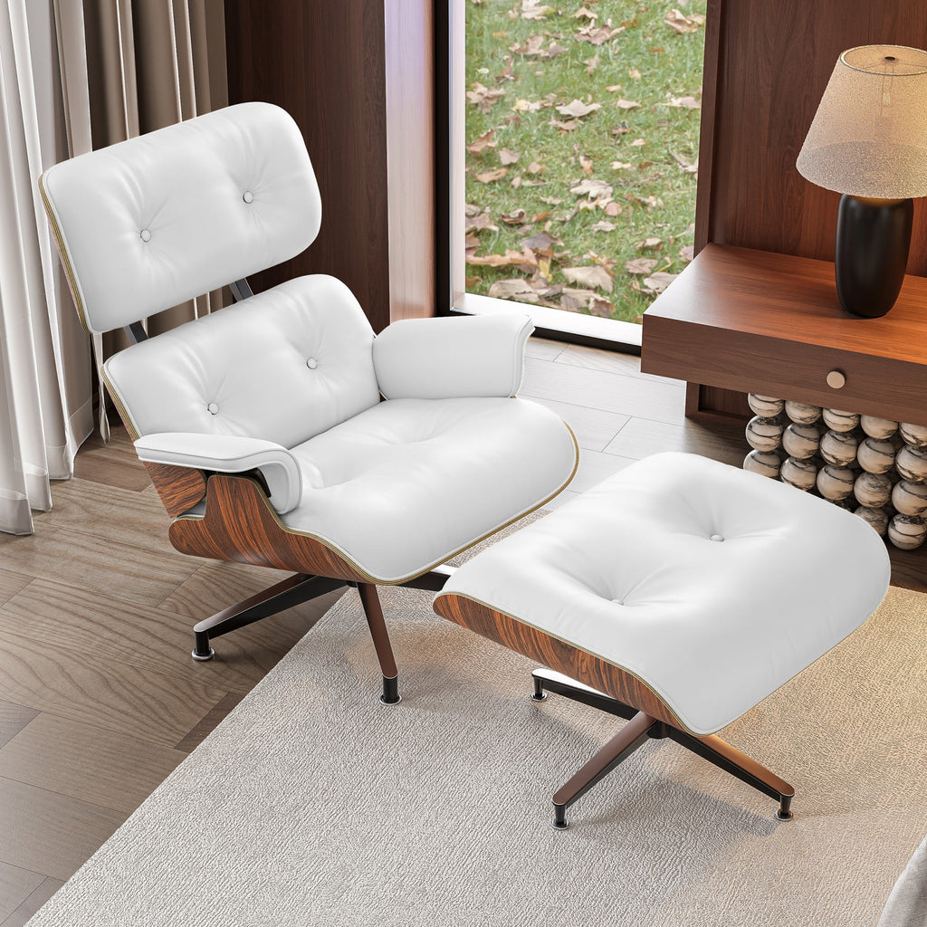 Mid Century Top Grain Leather Lounge Chair and Ottoman Set T4513