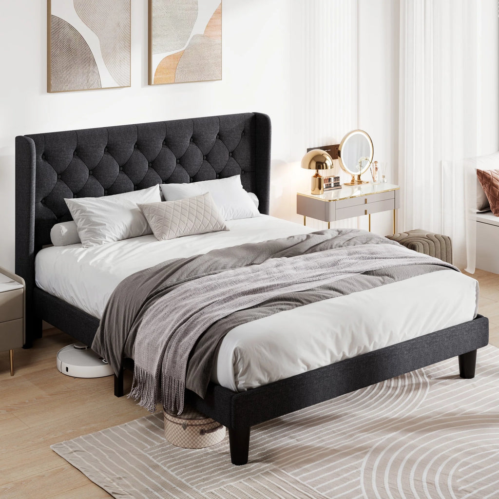 Queen Size Upholstered Platform Bed Frame with Wingback and Button Tufted Headboard, Dark Grey G76185