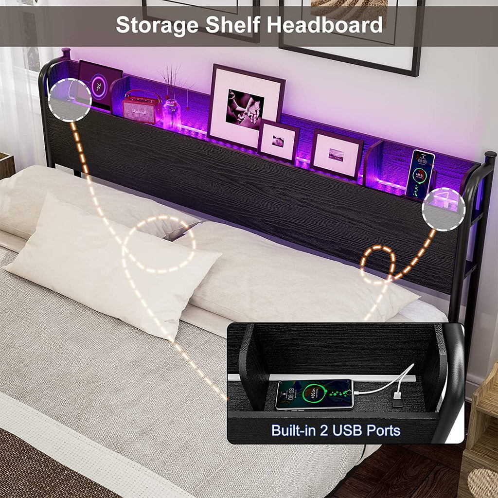 Black Twin XL LED Bed Frame with Storage Headboard and USB Ports G7662