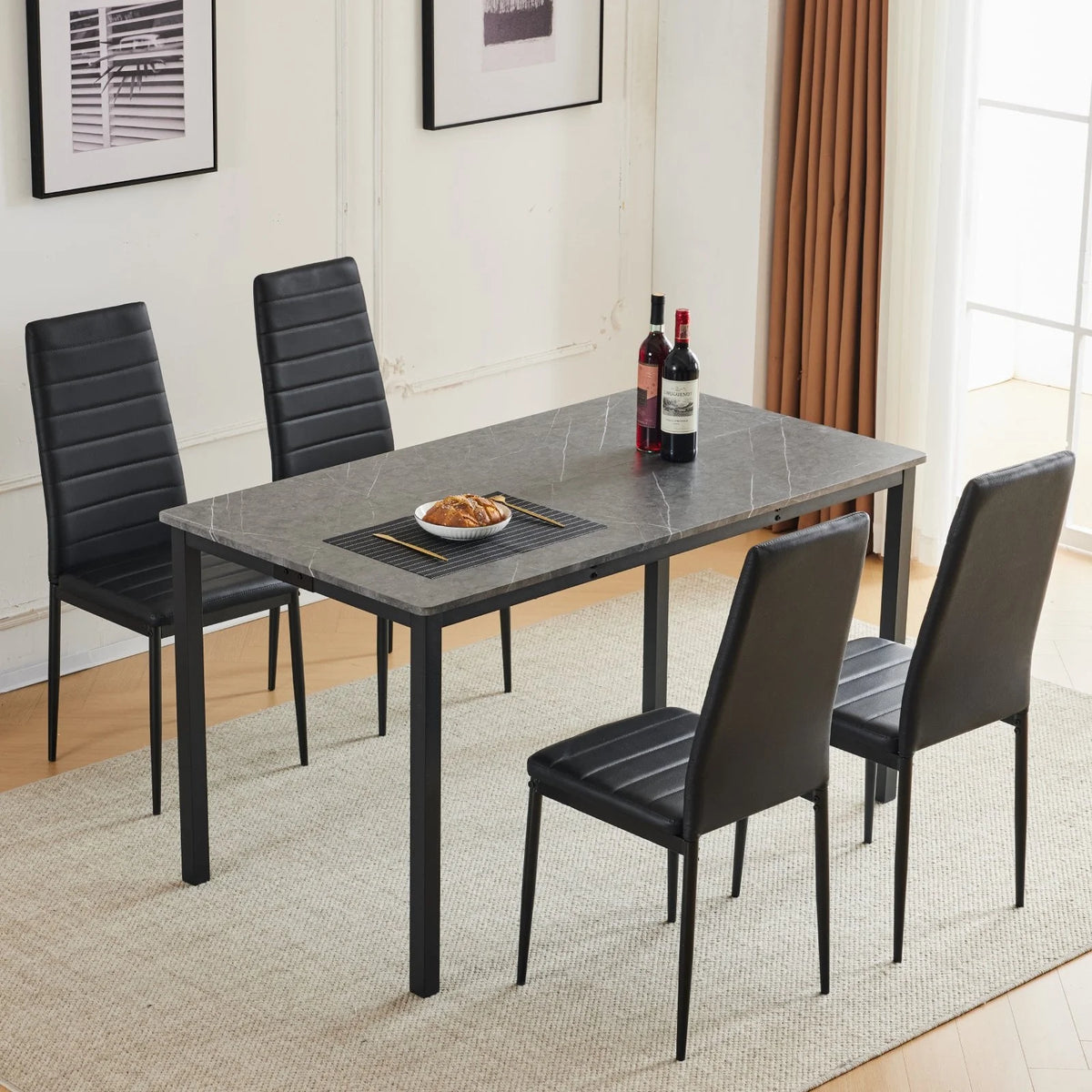 Black Faux Marble Dining Table Set for 6 S86837