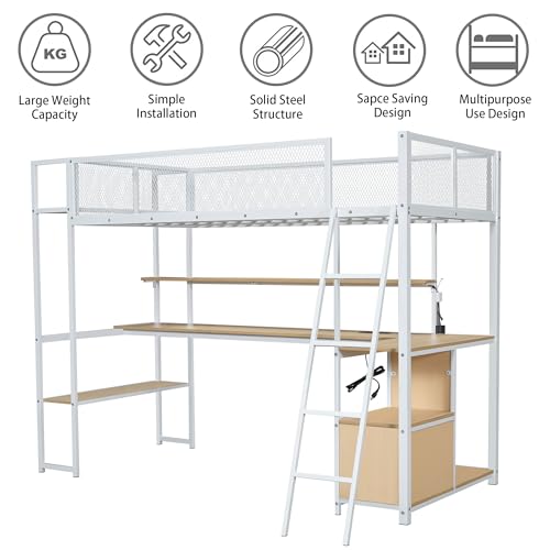 Full Size Black Metal Loft Bed with Desk and Stairs G7210