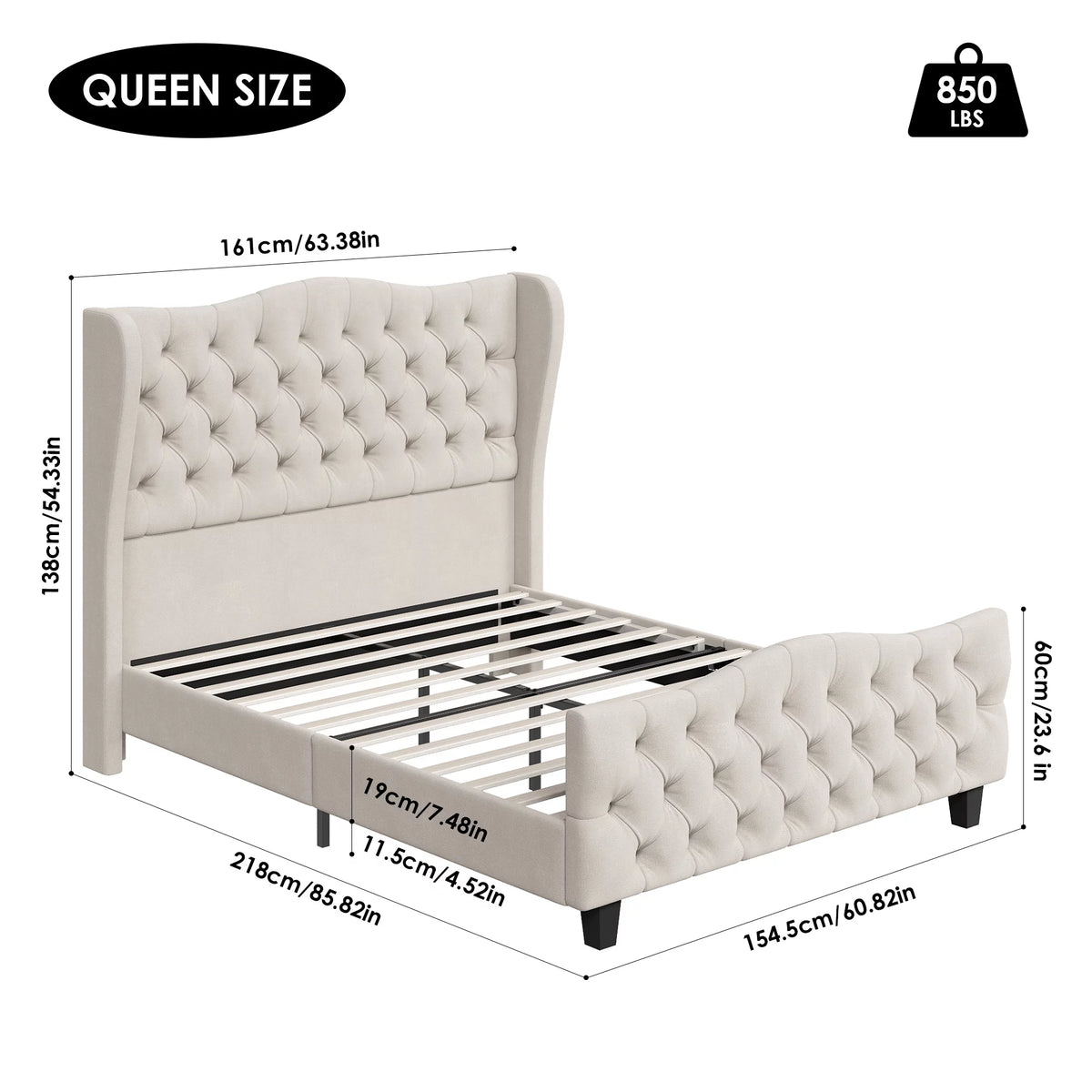 Queen Size Beige Velvet Tufted Upholstered Platform Bed Frame L260819