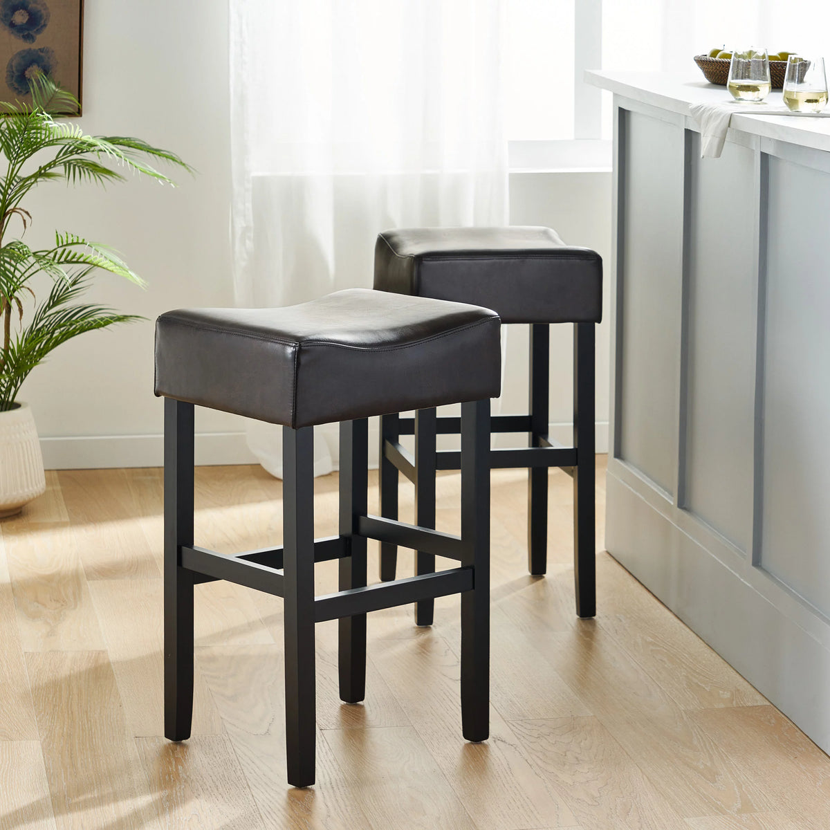 Brown Bonded Leather Backless Bar Stool Set of 2 U248