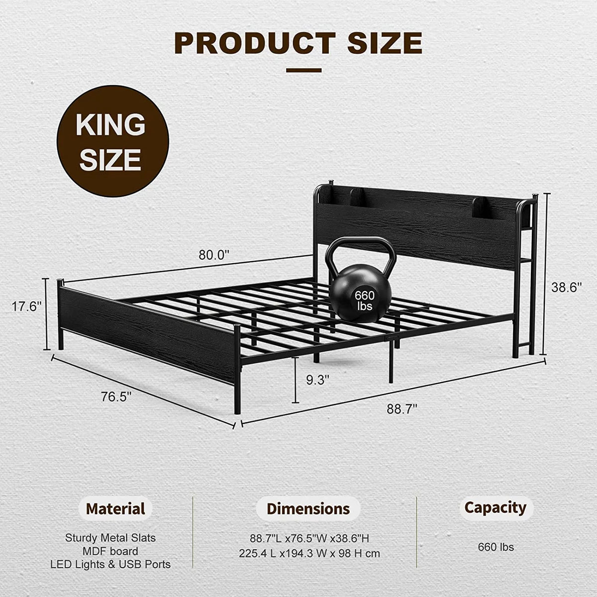Black Twin XL LED Bed Frame with Storage Headboard and USB Ports G7662