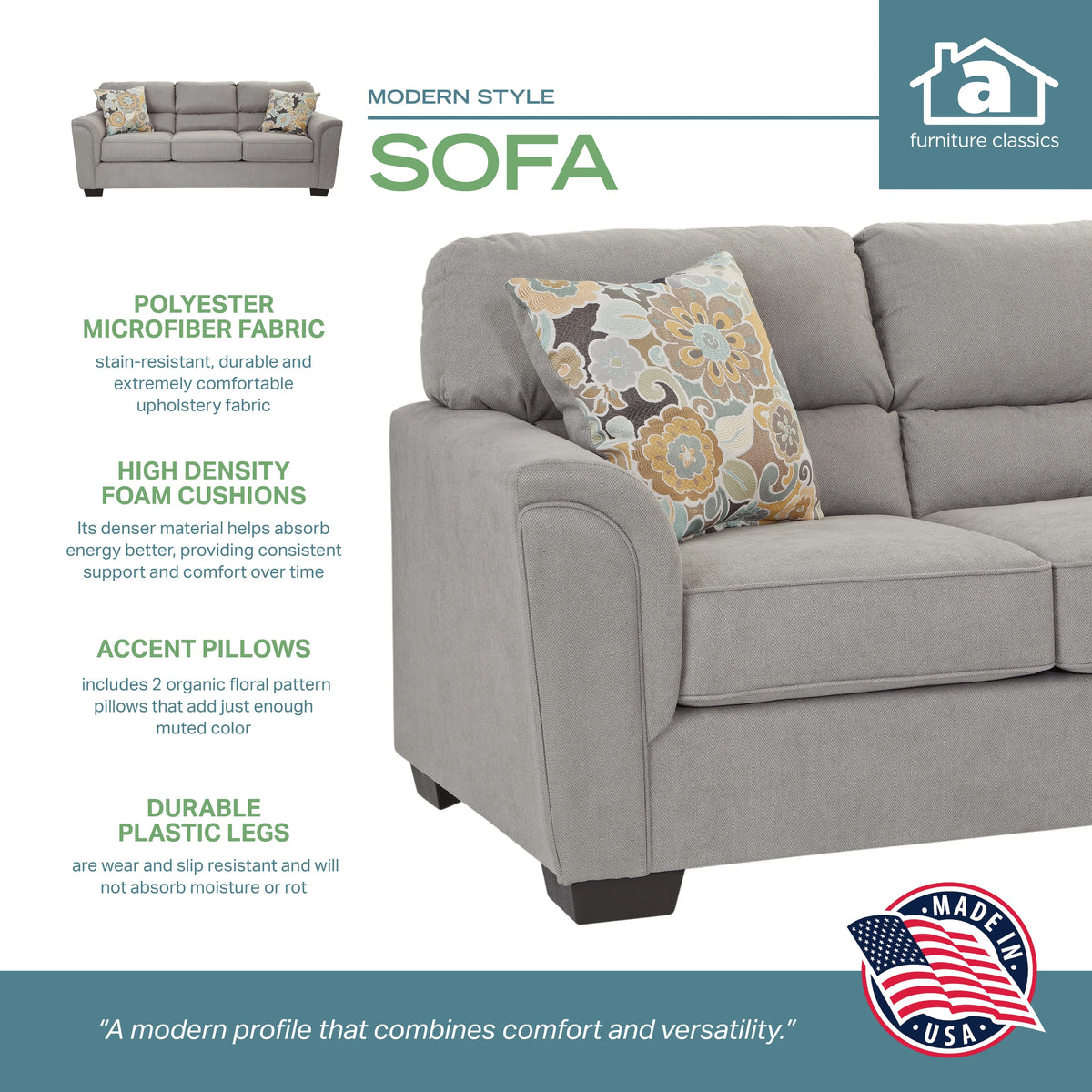 Flared Arm Sofa with Two Pillows O413