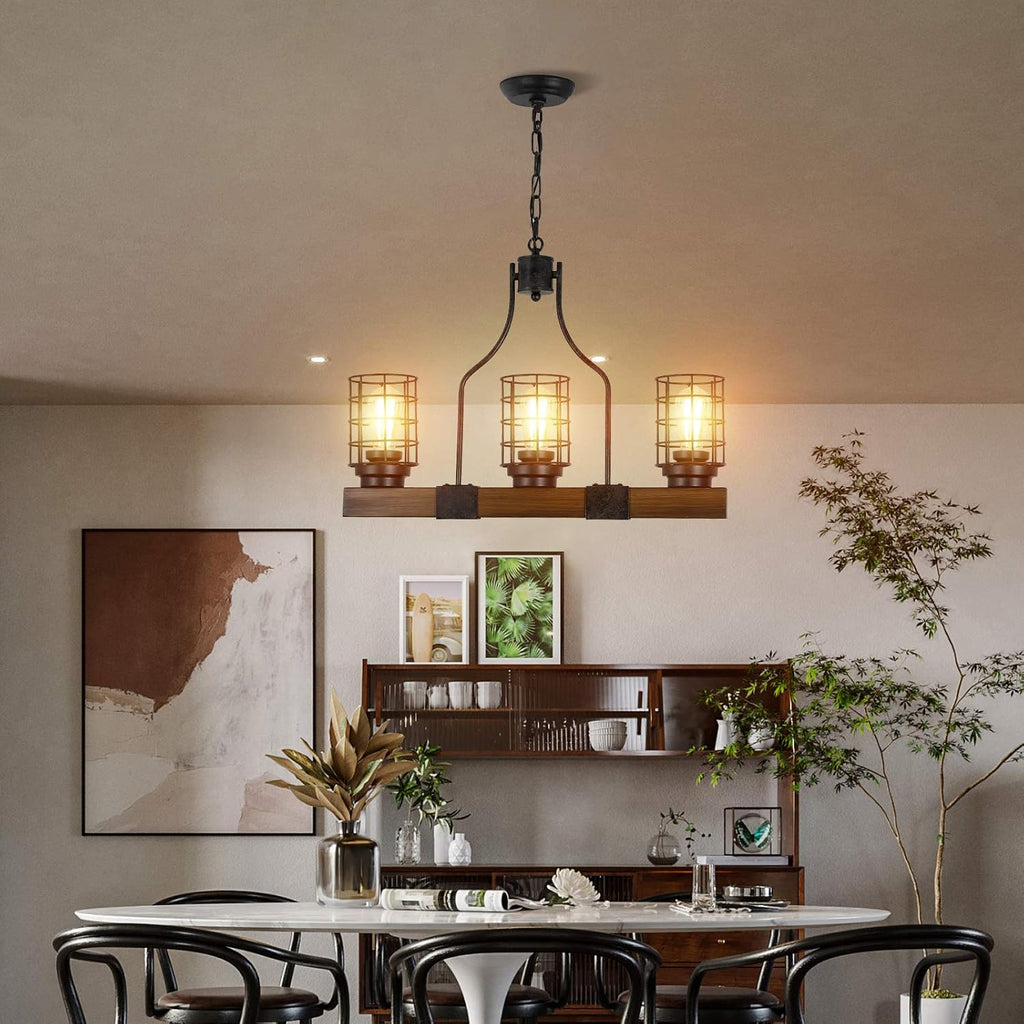 3-Lights Wood Chandelier with Cage Shade N560