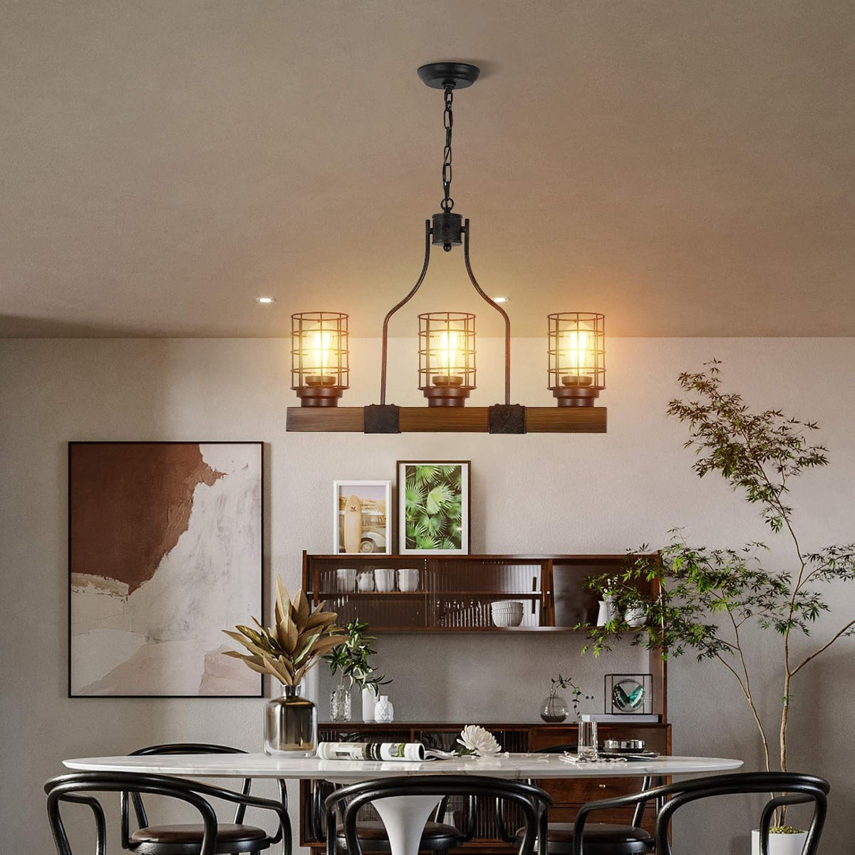 3-Lights Wood Chandelier with Cage Shade N560