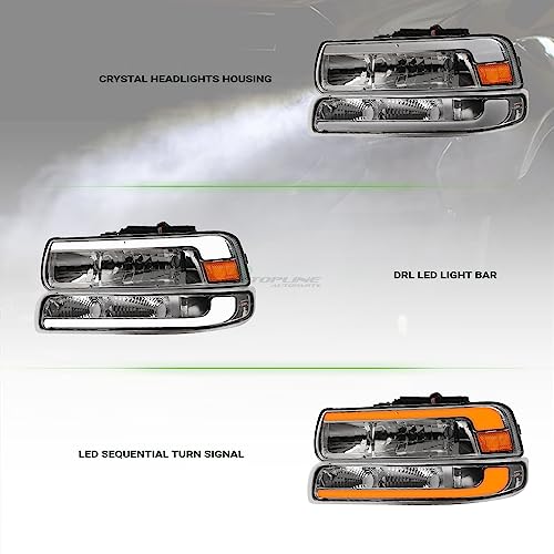 Compatible With Chevy Silverado Suburban Tahoe LED Strip Bar Black Housing Headlights With Signal Bumper Lamps Amber Reflector 4-Pieces K6117
