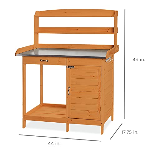 Wooden Potting Bench with Metal Table Top and Cabinet Y805913