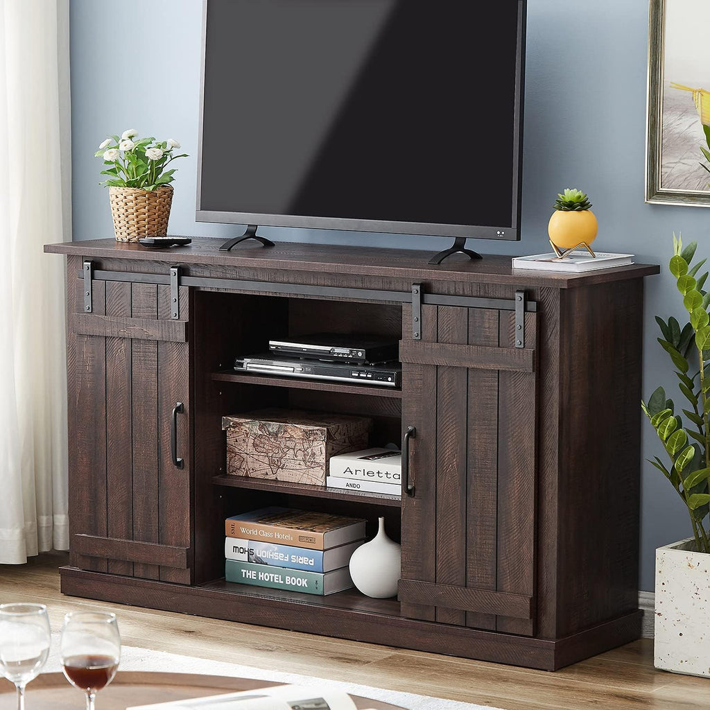Dark Brown Wood TV Stand with Sliding Barn Door A834659