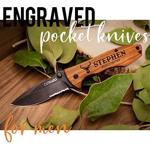 Personalized Engraved Oak Wood Pocket Knife R5576