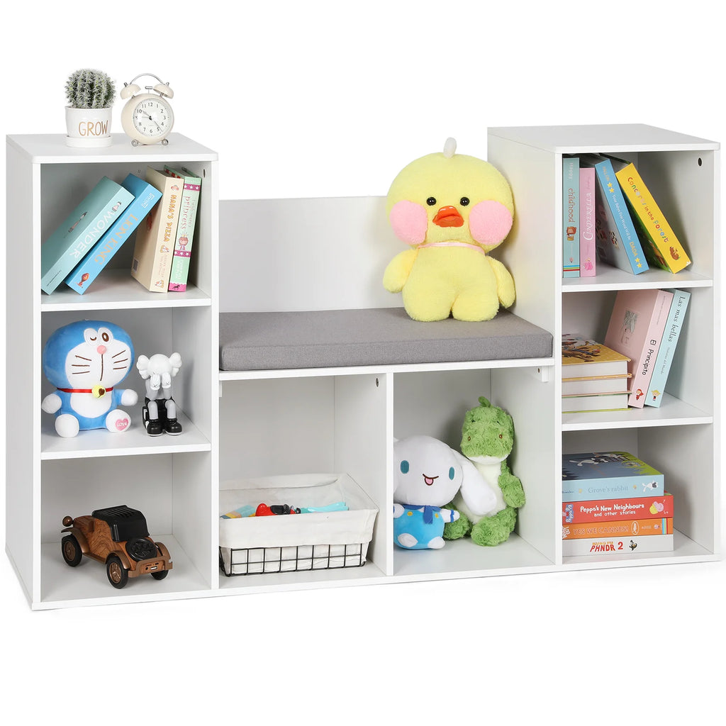 White 8-Cubby Kids Bookshelf with Reading Nook D4011