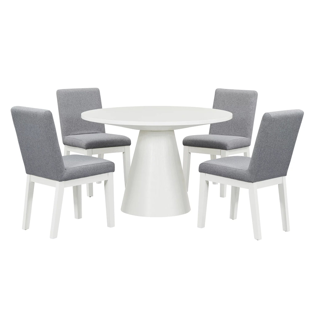 White 5 Piece Round Wood Dining Table Set with 4 Upholstered Chairs F754808