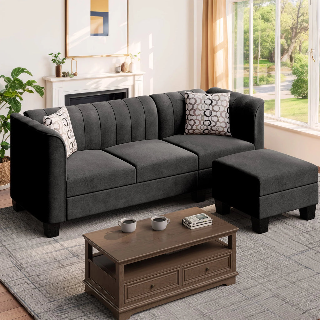Black L Shaped Linen Fabric Sectional Sofa N842