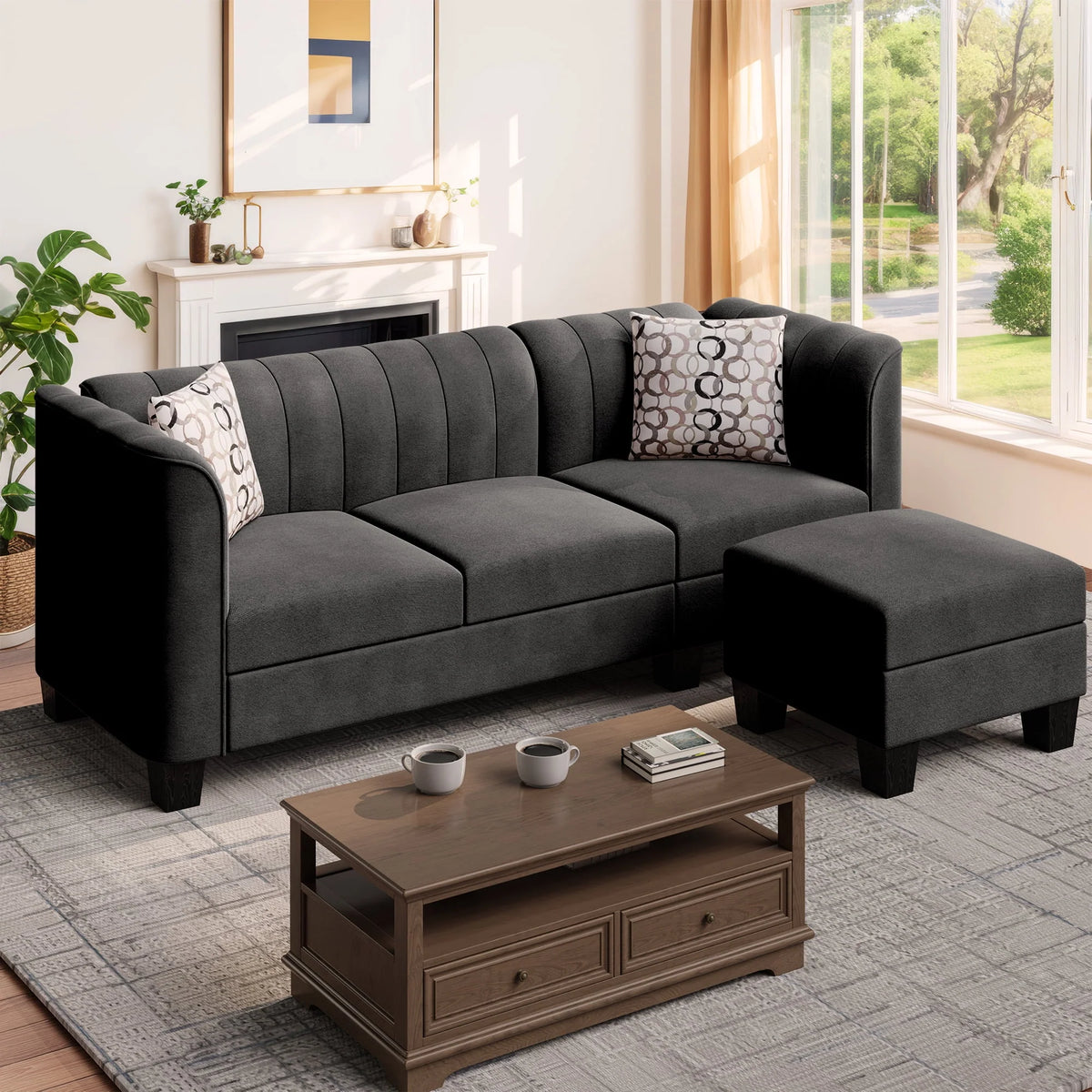 Black L Shaped Linen Fabric Sectional Sofa N842