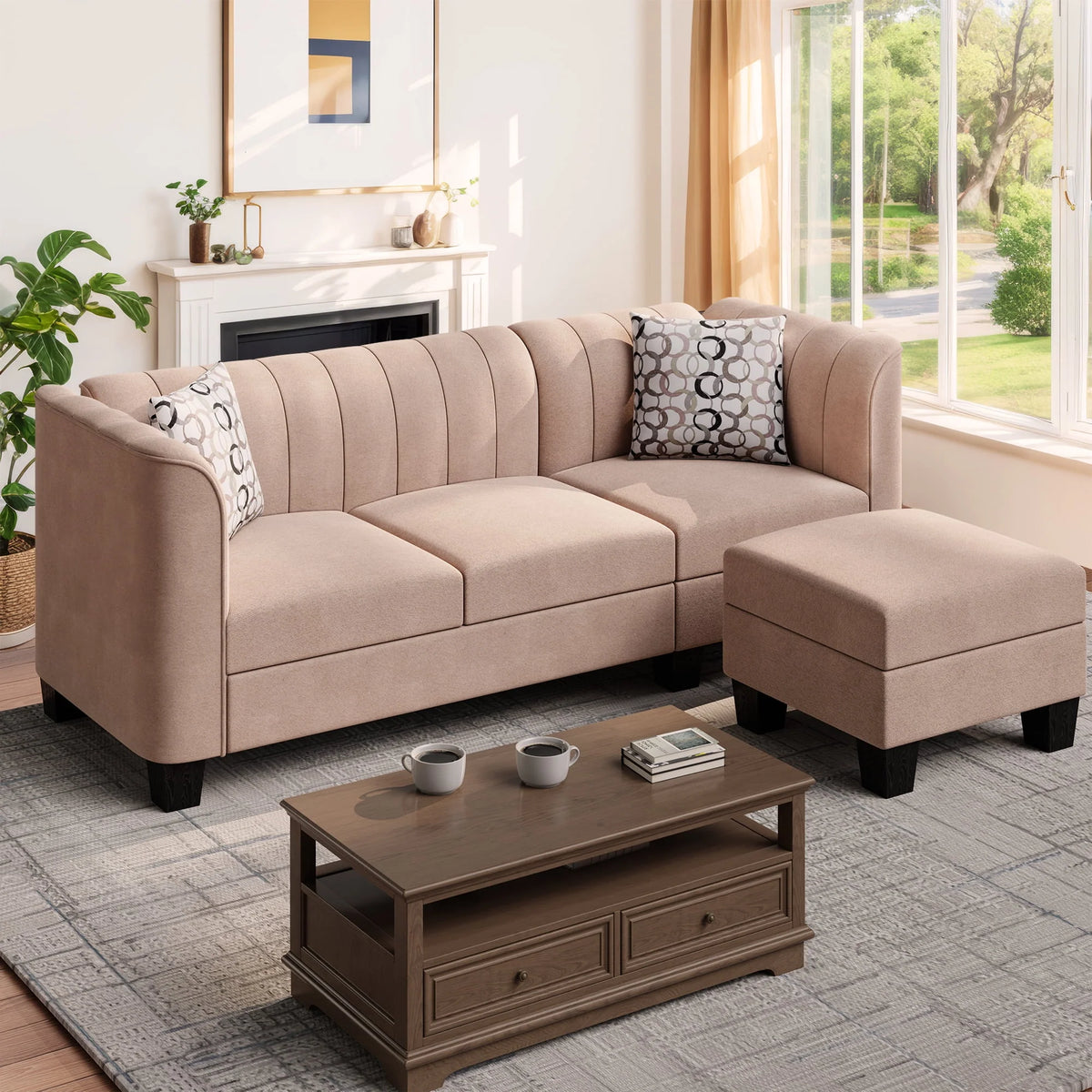 Black L Shaped Linen Fabric Sectional Sofa N842