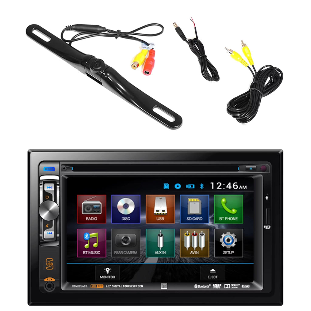 6.2" Touch Screen Double Din DVD Bluetooth USB Receiver and License Plate Mount Rear View Backup Camera V2730