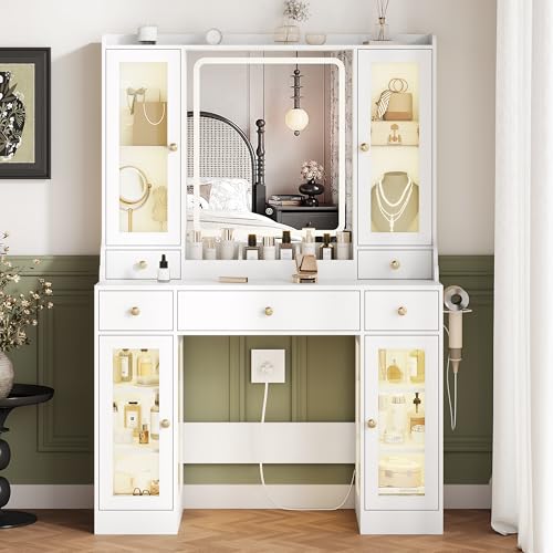 White Vanity Desk with Lighted Mirror and 5 Drawers Z87291